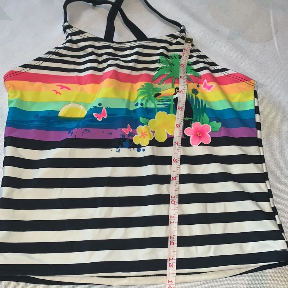 OP Tropical Rainbow/ B&W Striped Tankini Top sz Youth XL EUC